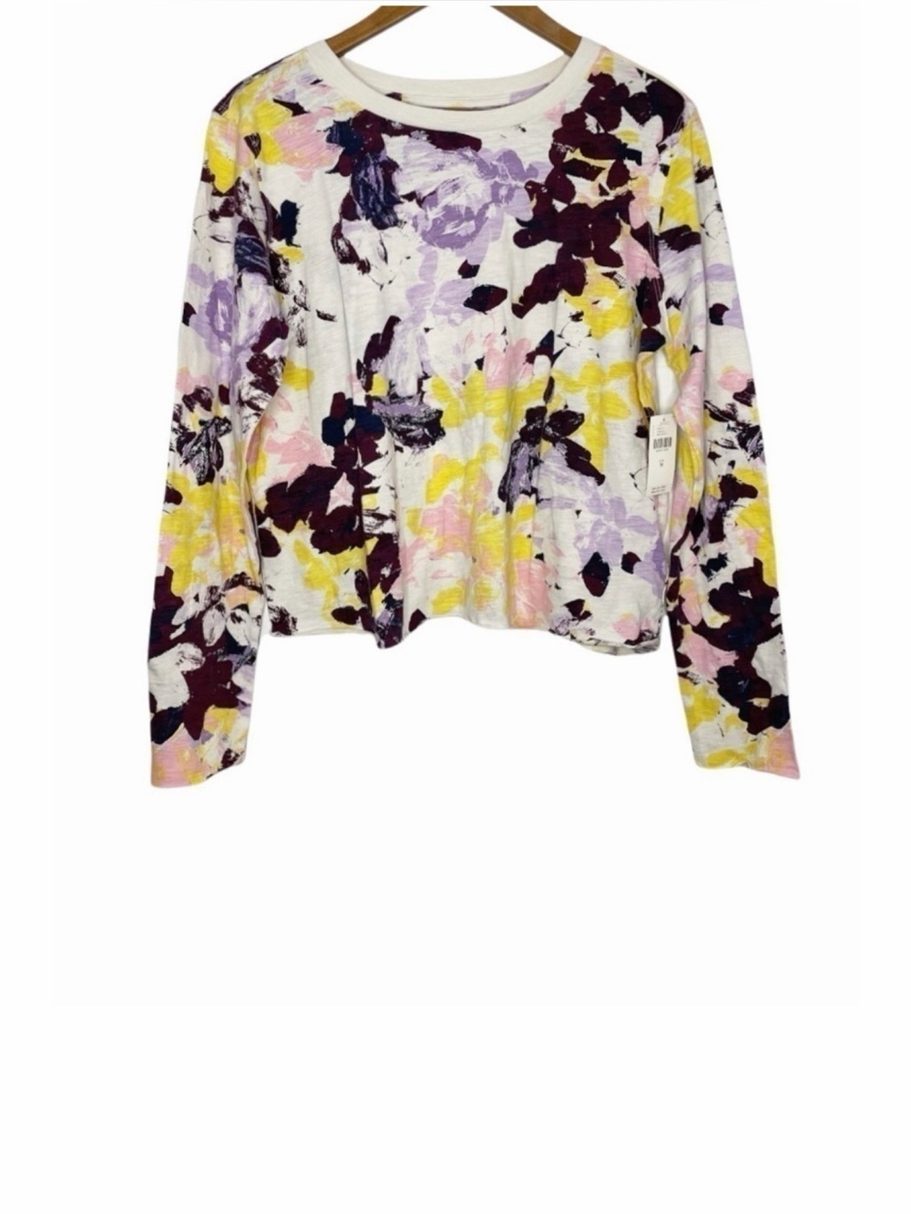 By Anthropologie Purple and Yellow Floral Boxy Raw Hem Long Sleeved Tee NWT